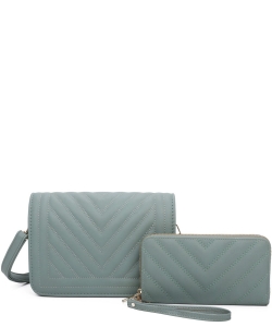 Chevron Quilted Flap 2 in 1 Crossbody Bag Set VZ366S2 TURQUOISE